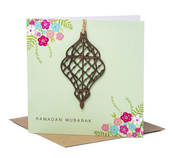 Laser Cut Wooden Lantern Ramadan Mubarak Card In Mint Green, 2 of 2