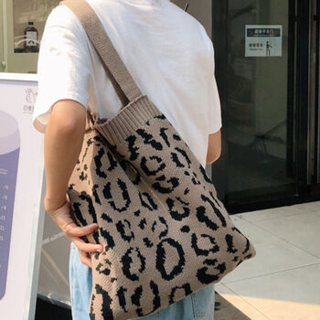 Leopard Print Large Knitted Shoulder Tote Shopping Bag, 2 of 7