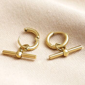Gold Stainless Steel T Bar Huggie Hoop Earrings, 3 of 5