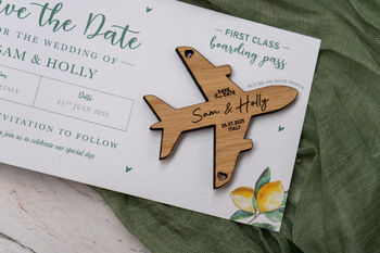 Lemon Theme Wedding Boarding Pass Save The Date With Wooden Magnetic Plane, 4 of 6