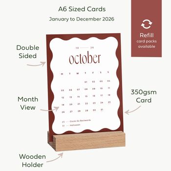 2026 Wavy Desk Calendar Cards With Wooden Stand, 5 of 10
