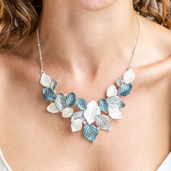 Matt Blue And Silver Tone Garden Leaf Necklace, 2 of 3