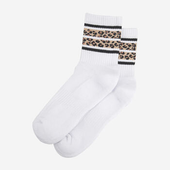 Leopard Print Striped Sporty Ribbed Cotton Ankle Socks Women's White, 2 of 3
