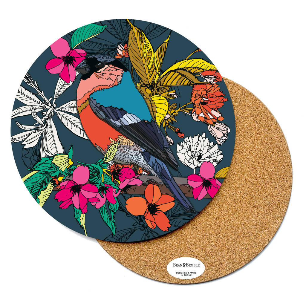 Round Placemat Large Wood Melamine British Garden Birds By Bean and
