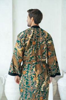 Green Men's Full Length Batik Kimono Robe, 5 of 6