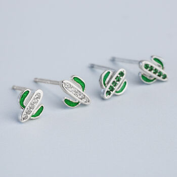 Sterling Silver Crystal Cactus Stud Earrings, 3 of 4
