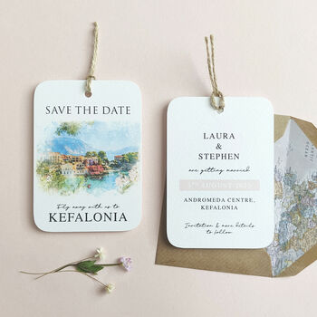 Save The Date Tag With Wedding Destination Illustration, 3 of 12