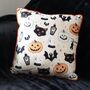 35cm Square Spooky Cat And Pumpkin Print Cushion, thumbnail 1 of 4