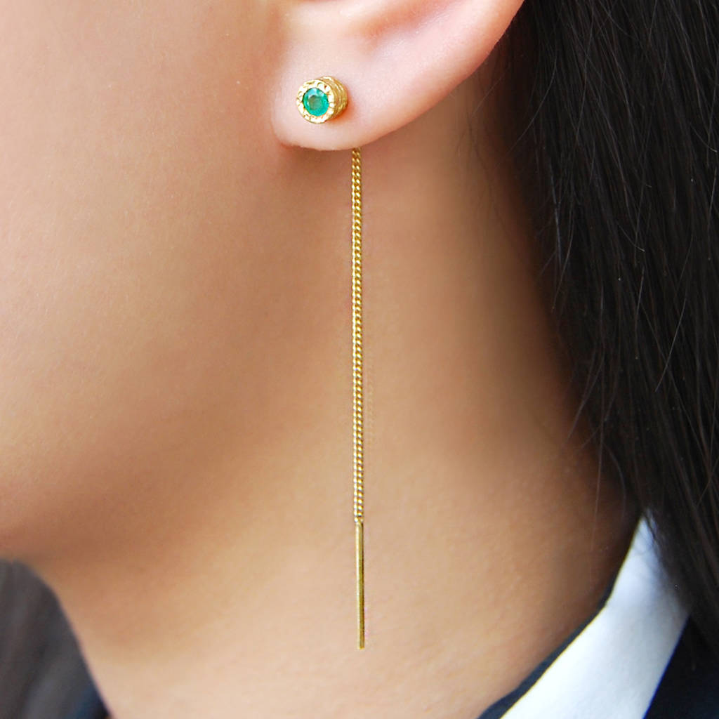 emerald may birthstone threader silver gold earrings by embers