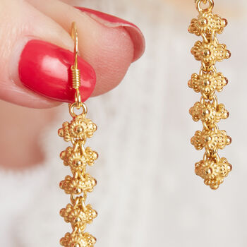 Gold Filigree Beaded Drop Earrings, 18 K Vermeil, 3 of 6
