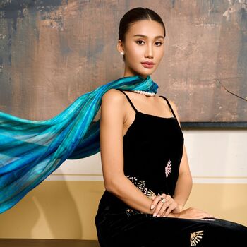 100% Mulberry Silk Scarf, Turquoise Blue And Emerald Brushstroke In Gift Box, 2 of 5