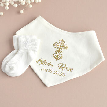 Personalised Ivory Christening Bib And Socks Set, 4 of 4