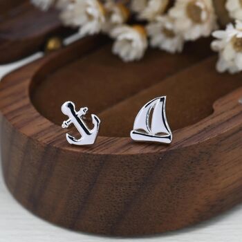 Sterling Silver Mismatched Sailing Boat And Anchor Stud Earrings, 3 of 11