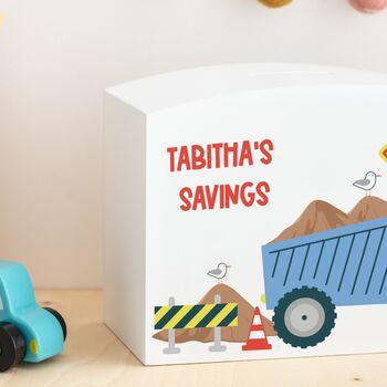 Personalised Tipper Truck Construction Wooden Money Pot, 5 of 7