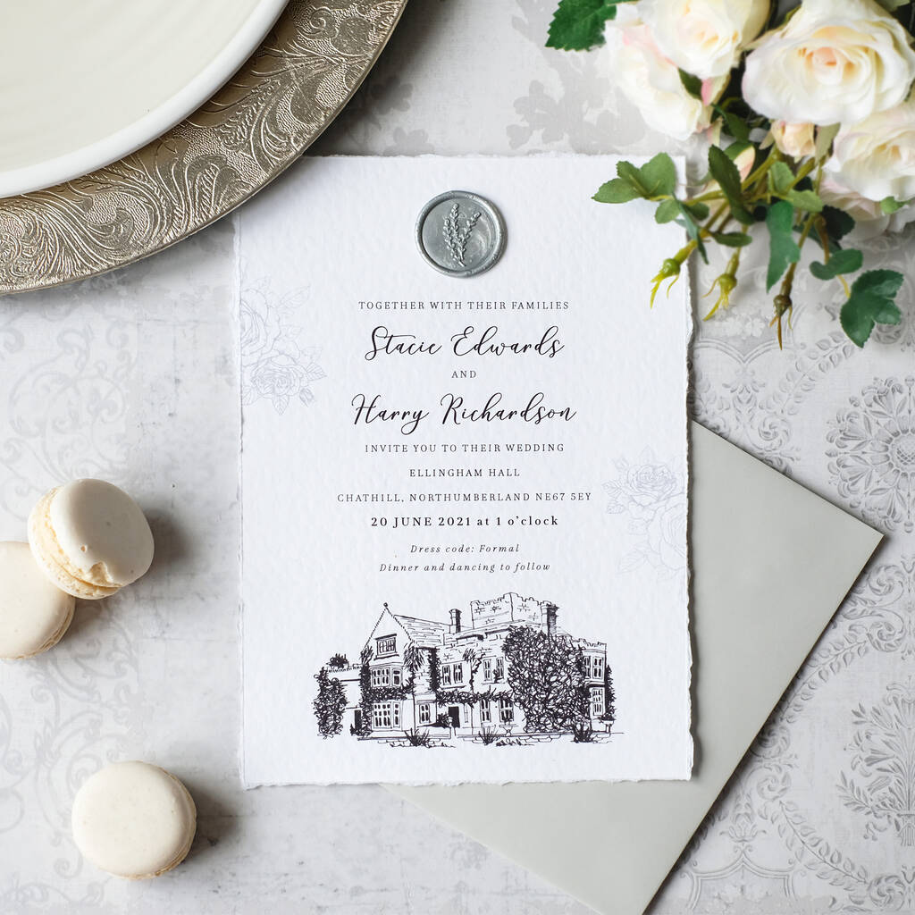 Silver Wax Seal Venue Illustration Wedding Invitations, 1 of 12
