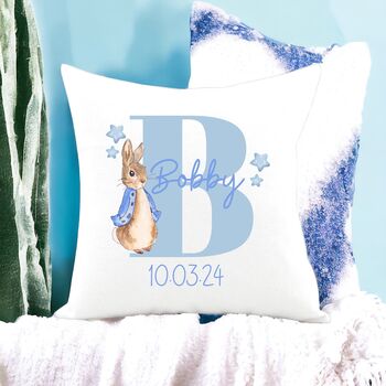 Personalised Initial Baby Birth Boy Bunny Cushion, 3 of 4