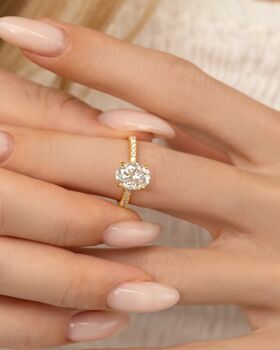 Two Ct Oval Solitaire Moissanite Engagement Ring With Pavé Band, 7 of 9