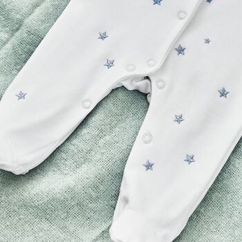 Personalised Our 1st Father's Day Blue Star Sleepsuit, 3 of 3