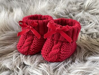 Wine Red Knitted Baby Booties With Bow, 3 of 6