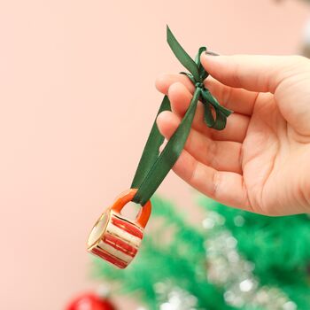 Hand Painted Mini Ceramic Mug Christmas Ornament With Red Stripe, 5 of 5
