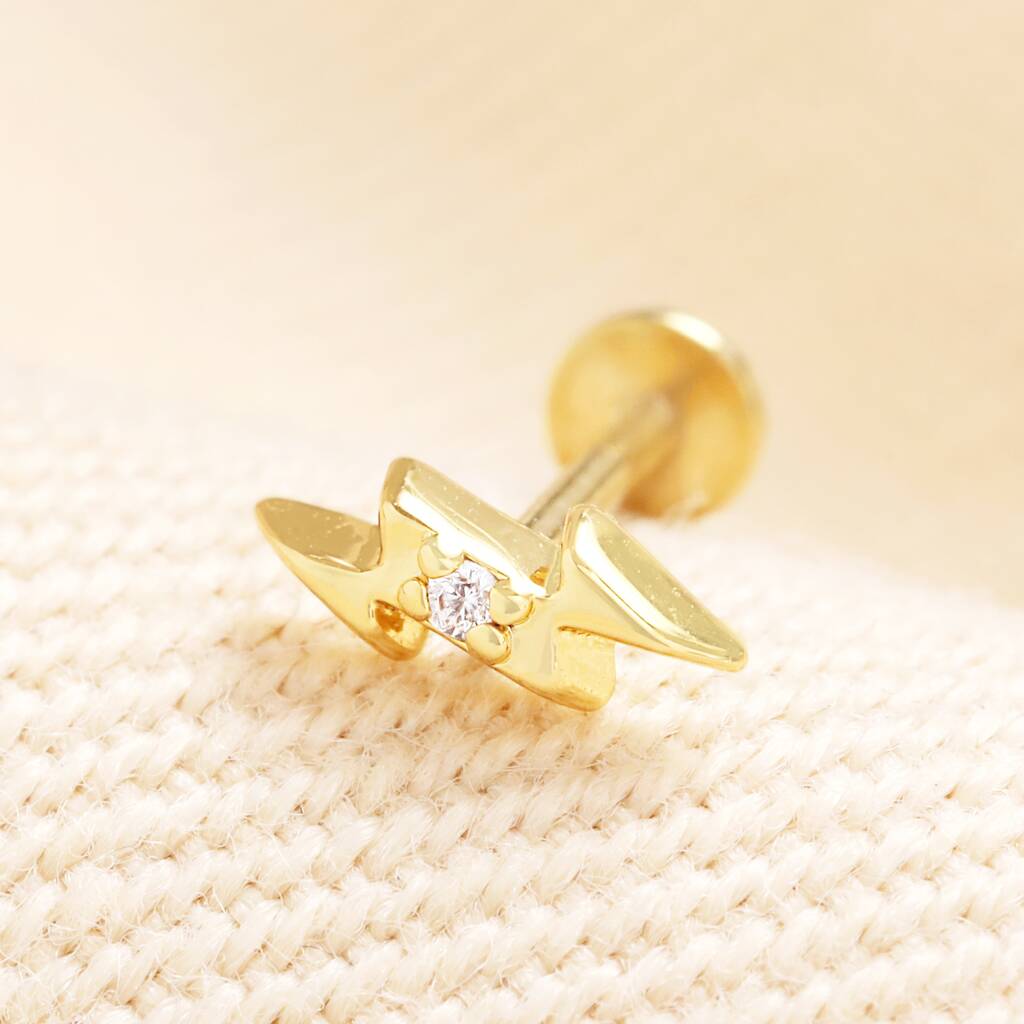 Sterling Silver Lightning Bolt Flat Back Piercing Earring In Gold, 1 of 1