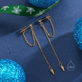 Sterling Silver Dangling Spike Chain Drop Stud Earrings, 2 of 8