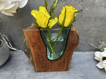 18cm Molten Glass Wedge Vase On Teak Root Flower Holder, 6 of 12