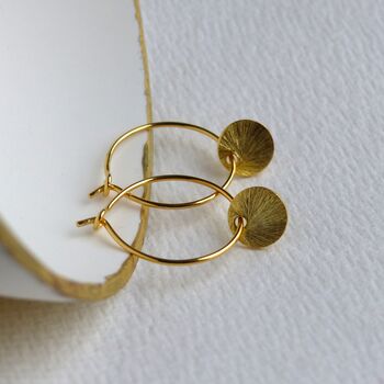 Brushed Gold Plated Sterling Silver Disc Hoops, 2 of 7