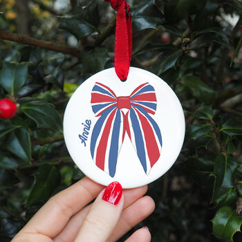 Union Jack Bow Personalised Christmas Decoration, 2 of 3