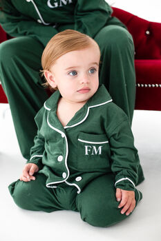 Family Christmas Green Contrast Embroidered Personalised Pyjamas Available In Ladies', Men's And Kid's, 3 of 9