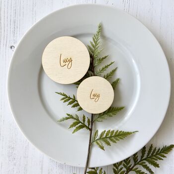 Round Wooden Wedding Favour Place Name Settings, 4 of 9