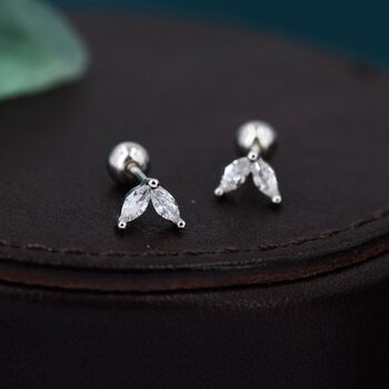Sterling Silver Cz Marquise Leaf Screwback Earrings, 6 of 11