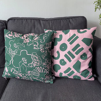 Spring Green And Pink Floral Sketch Cushion, 3 of 4