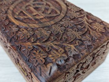 Floral Triquetra Carved Wooden Jewellery Box, 8 of 8