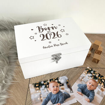 Personalised Born In 2026 Stars Engraved White New Baby Keepsake Box Three Sizes 22cm | 27cm | 30cm, 3 of 10
