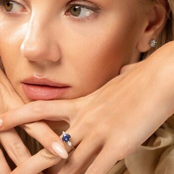Blue Sapphire Oval Cut Three Stone Engagement Ring In Sterling Silver, 3 of 12