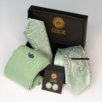 Sage Green Wedding Tie Set And Socks Groomsmen Gift, 7 of 12