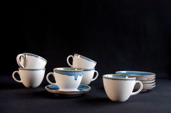 Blue Set Of Six Handmade Porcelain Tea Cup With Saucer, 8 of 10