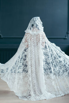 Boho Lace Bridal Cloak With Hood | Emerald Green Wedding Cape, 11 of 12