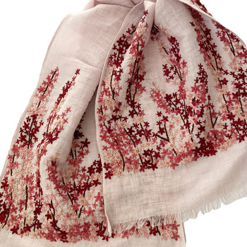 Hand Embroidered 100% Linen Scarf In Light Pink Meadow Floral, 4 of 5