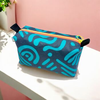 Handprinted Boxy Pouch Turquoise Squiggles On Dark Grey, 4 of 5