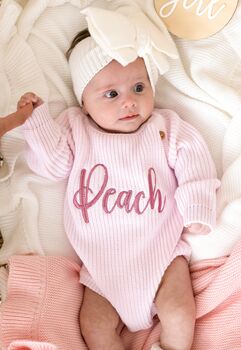 Pink Personalised Embroidered New Baby Name Long Sleeve Knitted Romper, 7 of 12
