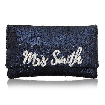 Black Or Navy Sequin Mrs Surname Clutch, 4 of 5