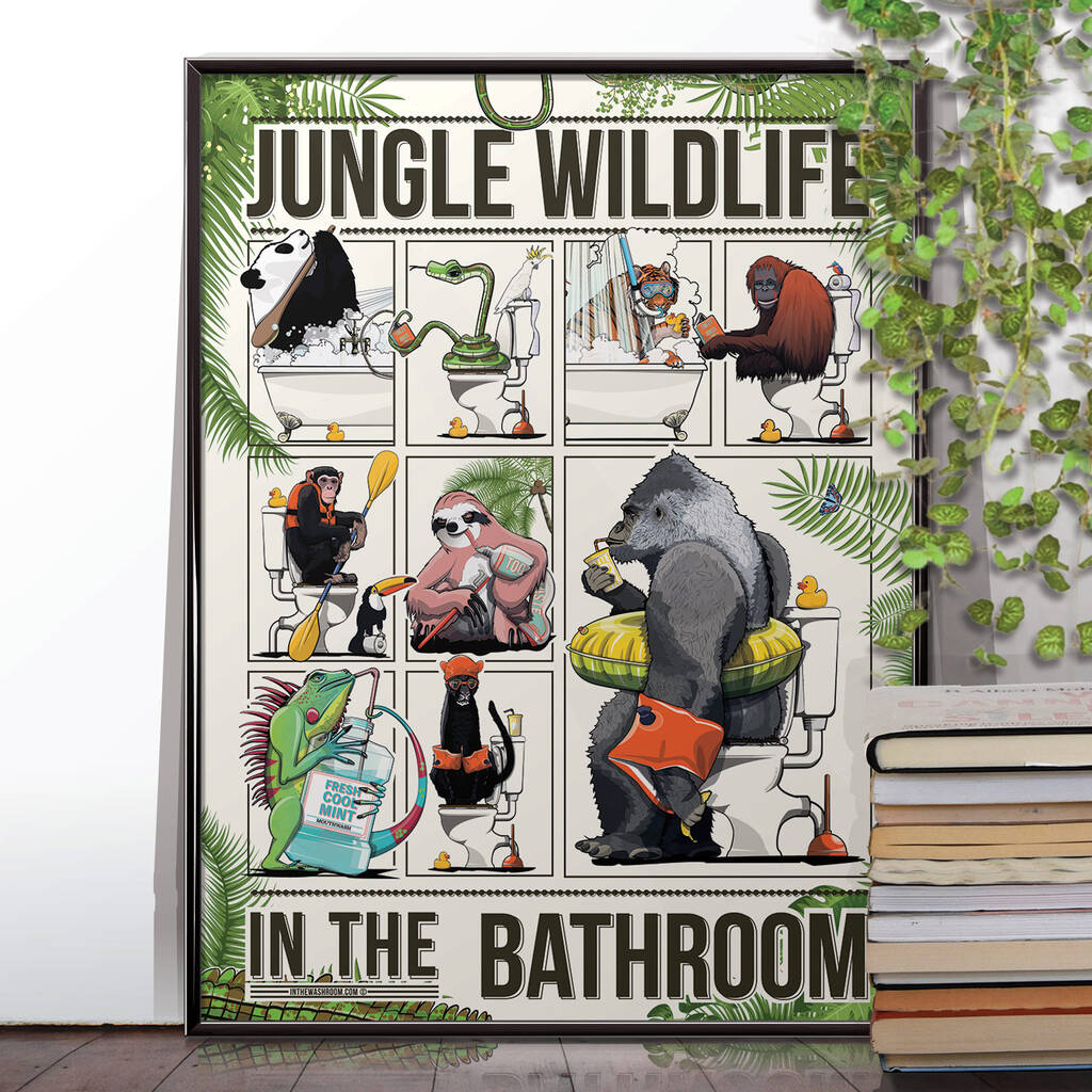 Jungle Animals In The Bathroom, Funny Wildlife Poster, 1 of 5