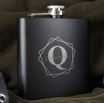 Personalised Geometric Initial Black Hip Flask, 4 of 6