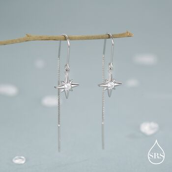 Sterling Silver Cz Starburst U Shape Threader Earrings, 5 of 11