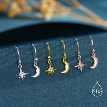 Sterling Silver Extra Tiny Starburst And Moon Dangle Drop Hook Earrings, 8 of 12