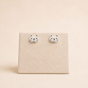Sterling Silver Cat Face Stud Earrings, 3 of 10