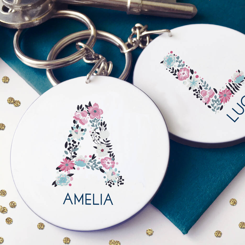 Image of Personalised Floral Initial Keyring Set