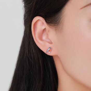 Sterling Silver Tiny Bullfinch Bird Stud Earrings, 6 of 11